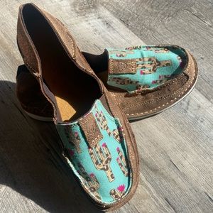 Ariat slip on’s with cactus print and brown sparkle leather. New.  Size 8 1/2 B